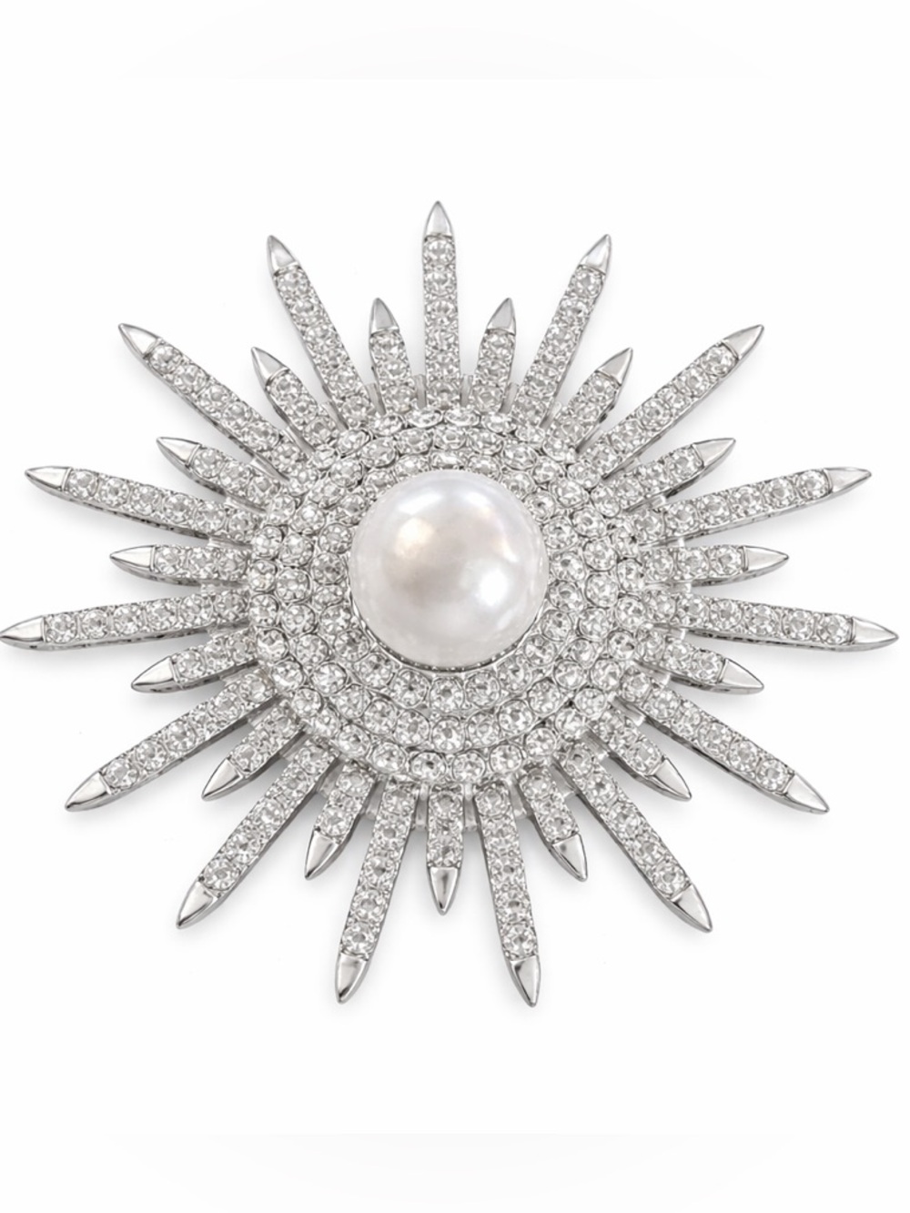 New Crystal Sunburst Brooch Pin w/ Faux Pearl Center Silver Tone Starburst